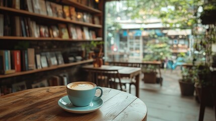 Cozy coffee shop with bookshelves