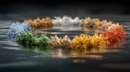 Abstract Colorful Clusters Floating on Water Surface Artistic 3D Render