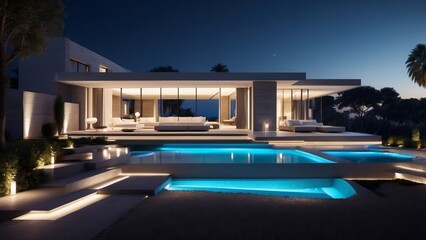 Modern luxury villa at night with ambient lighting and sleek contemporary architecture 