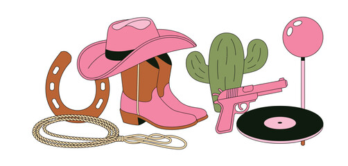   Set of Wild West Icons: Pink Cowboy Boots, Horseshoe, Gun, Cactus, and More
