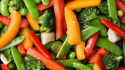 A colorful mix of sliced bell peppers, snap peas, broccoli, and other fresh vegetables.
