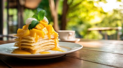 Sweet Mango Sauce Drizzled Over Layered Mille Crepe Dessert on a Wooden Table