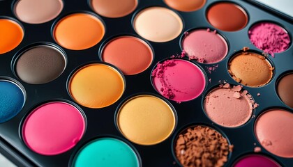 Array of vibrant eyeshadows, blush, and highlighters in a palette, colors, still life