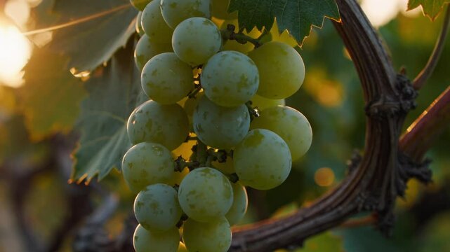 White Grapes Close-up God Rays Golden Hour Sunlight Vine Ripe Winemaking Vineyard. White wine
