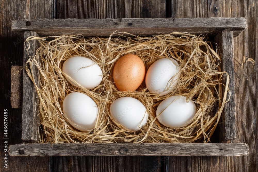 Leinwandbilder Nest of Raw Eggs in Rice Straw Displayed on an Old Wooden Tray From an Overhead Perspective, Showcasing Rustic Charm and Simplicity Generative AI