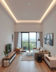 Fototapeta premium Contemporary Living Room with Panoramic Balcony View