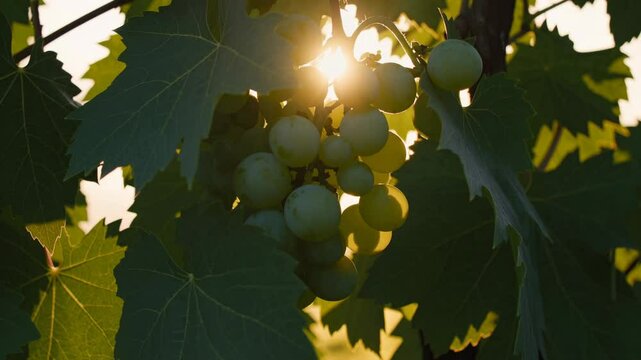 White Grapes Close-up God Rays Golden Hour Sunlight Vine Ripe Winemaking Vineyard. White wine