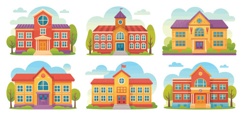   Vector illustrations of various school buildings including traditional, modern, and educational campus structures. Ideal for themes related to education, school environment, and academic institution