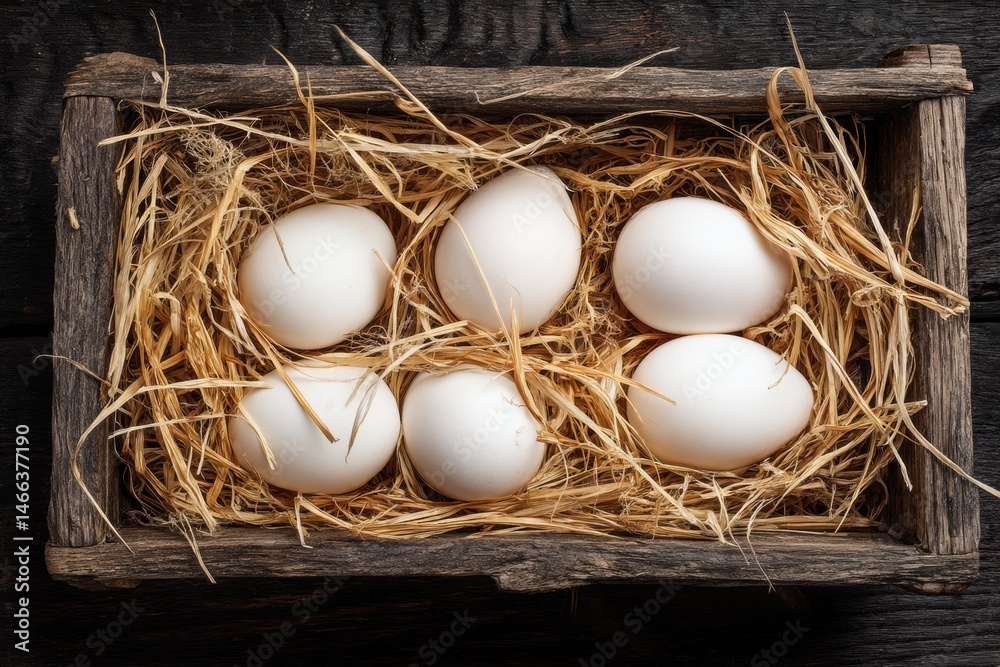 Poster fresh raw eggs surrounded by rice straw arranged in an old wooden tray captured from an overhead per