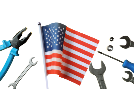 Tools and an American flag are arranged to celebrate Labor Day, isolated on white, PNG