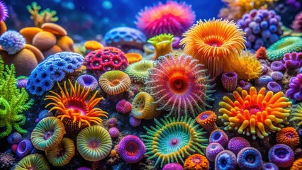 Vibrant coral polyps with nudibranchs of various colors and shapes attached to their surface, colorful sea creatures, coral