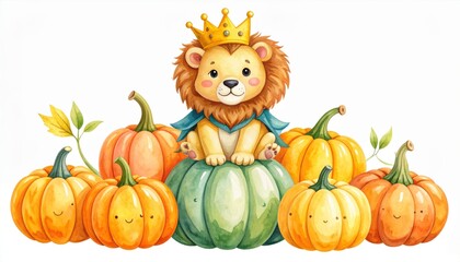 Royal Lion Cub with Autumn Pumpkins - Adorable lion cub, wearing a crown and cape, sits on a pumpkin amidst a harvest of smiling pumpkins. Symbolizing , autumn, harvest, joy, and childhood