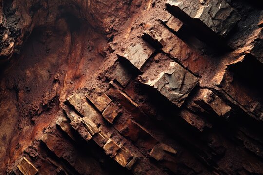 Close-up of textured, rugged, layered rock formations.  Dark reddish-brown hues and distinct, angular blocks
