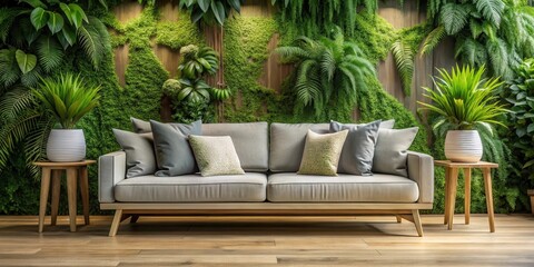 Fototapeta premium Modern sofa with lush greenery in the background