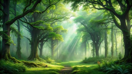 Obraz premium A serene forest landscape shrouded in a shimmering green mist that gently veils ancient trees and underbrush, outdoor scenery , atmospheric effects