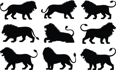 Obraz premium Majestic black lion silhouettes in various poses illustrating strength and power for design projects