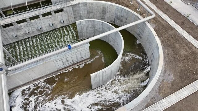 Drone shot of wastewater pool - 4k drone footage of pools in wastewater treatment plant