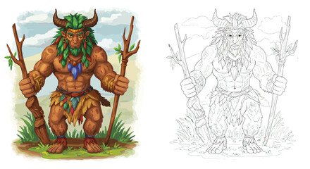 Fototapeta premium Guardian of the Forest: A majestic figure, protector of the woods, stands tall, holding a staff and wearing a crown of leaves, embodying the ancient connection between man and nature.