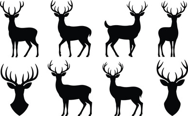 Collection of black silhouette illustrations of majestic deer in various poses and head profiles