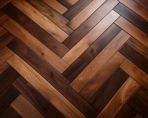 A chevron-patterned wood floor with deep brown tones and grain variations that give it a sophisticated, classic appearance