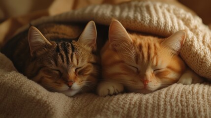 Two cats sleeping snuggled under a knitted blanket