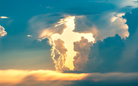 Divine cross formed in the sky, glowing with heavenly light, symbolizing hope and faith
