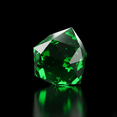 Close-up photograph of a vibrant green, multifaceted crystal with sharp edges, reflecting light on a black reflective surface, ideal for gemstone, luxury, or abstract concepts.