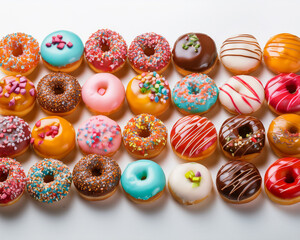 A display of different mini donuts, with rows of mini donuts adorned with a selection of vibrant toppings, presented elegantly against a clear backdrop