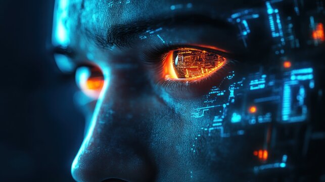 Cybernetic human face with glowing eyes and futuristic tech