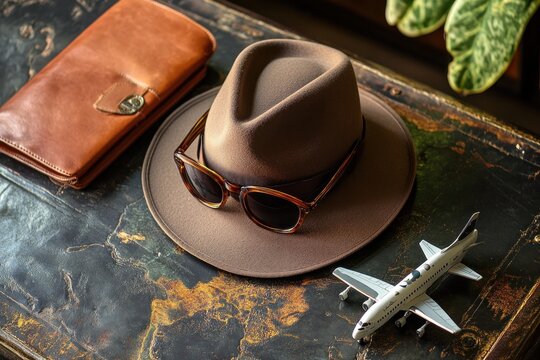 Stylish travel setup with classic hat, sunglasses, and symbolic airplane toy
