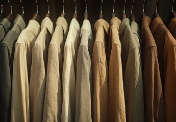 Row of Neutral Toned Jackets Hanging on Wooden Hangers