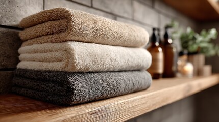 Close-Up of Sleek Wooden Shelves with Neatly Stacked Beige and White Towels in Modern Bathroom Interior