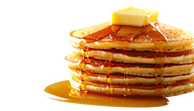 Fluffy golden pancakes stacked high with melting butter and drizzled syrup delicious