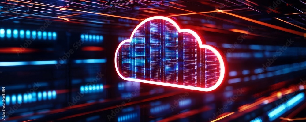 Poster digital asset management and storage concept. digital cloud symbol with vibrant data streams in the 