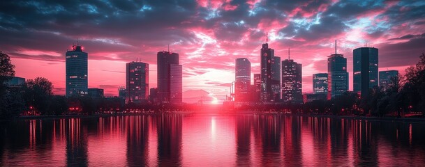 Obraz premium Dramatic sunset over a cityscape reflected in water.