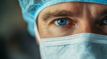 A man wearing a blue surgical mask with a blue eye is staring at the camera. The mask is blue and white, and it covers his entire face. The man's eyes are blue