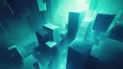 Fototapeta premium Teal abstract geometric block formation background modern vibrant data structure technology design backdrop crystal blocks landscape