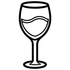 Stylized contour drawing portrays wine glass filled partially with a beverage over white