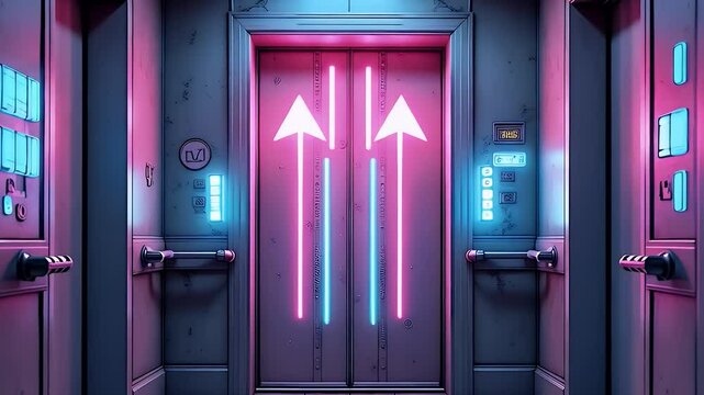 A pixelated glowing elevator door with flickering neon arrows and metallic texture, created for a cyberpunk skyscraper level in a 2D platform game
