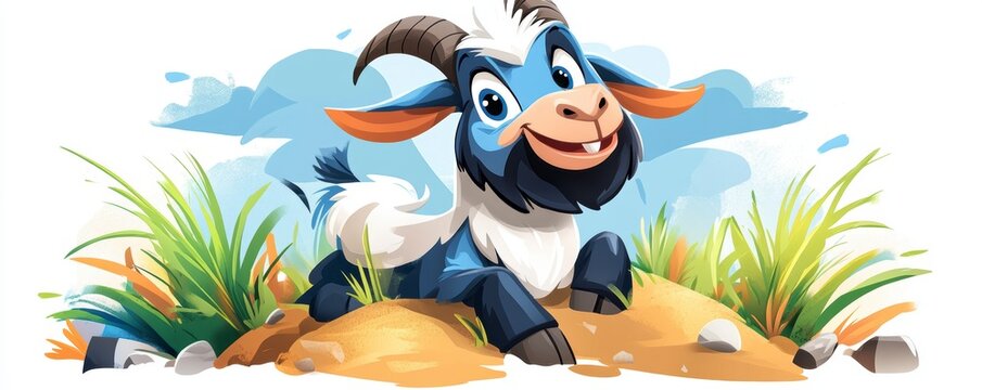 Playful goat in a sunny meadow cartoon illustration cheerful atmosphere whimsical style