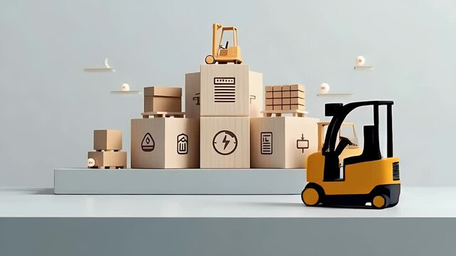 Warehouse management system idea. Wooden cubes with barcode, forklift, pallet, and inventory icons arranged as modular components on light grey tabletop background