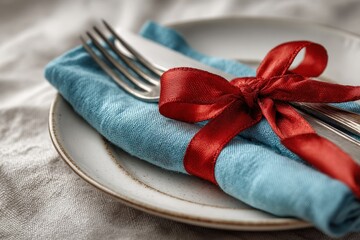 Romantic Dinner Setting: Elegant place setting with silverware, blue napkin, and a red ribbon bow. Perfect for Valentine's Day or a romantic occasion.