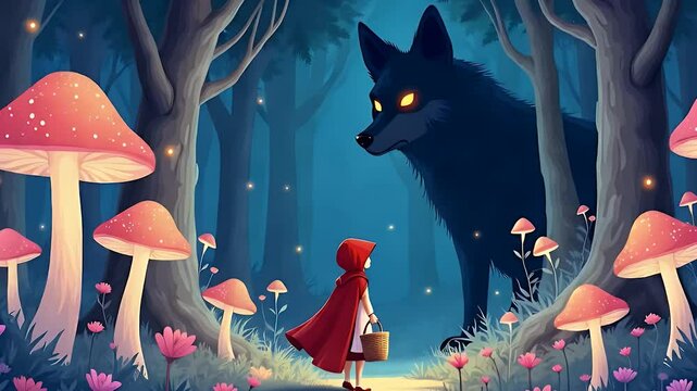  Whimsical illustration of Little Red Riding Hood walking through an enchanted forest filled with oversized mushrooms, glowing flowers, and the shadow of the wolf behind a tree