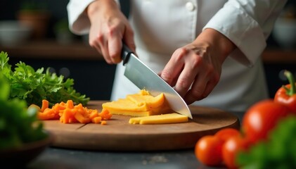 Chef's knife expertly slicing vegetables, vibrant colors, colors, meal, kitchen