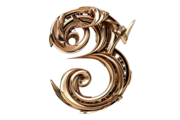 Ornate Number Three Bronze Metallic Style, cut out transparent