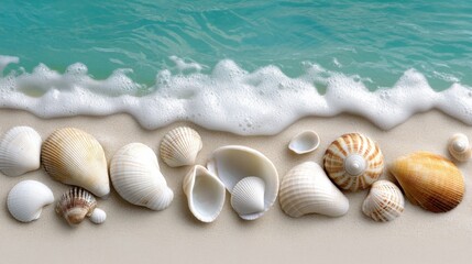 shells on the beach with waves and water