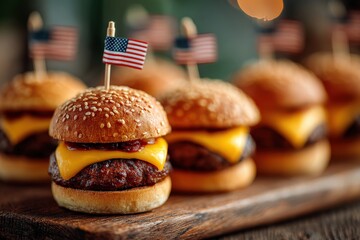 American Slider Bites: A collection of delicious, miniature hamburgers, each adorned with a tiny American flag, presented on a rustic wooden board, evoking a sense of patriotism and culinary delight.