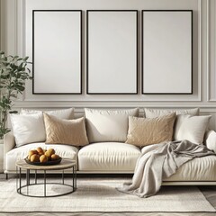 Elegant cream sofa beneath three frames enhances this living room's calm and inviting atmosphere