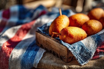 Corn Dog Delight: Capturing the quintessential American snack, a close-up shot reveals perfectly golden corn dogs, artfully arranged on a rustic wooden tray with a patriotic touch.