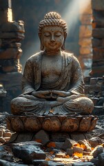 Fototapeta premium Meditating buddha statue sits amidst aged brick ruins with a serene and peaceful expression.